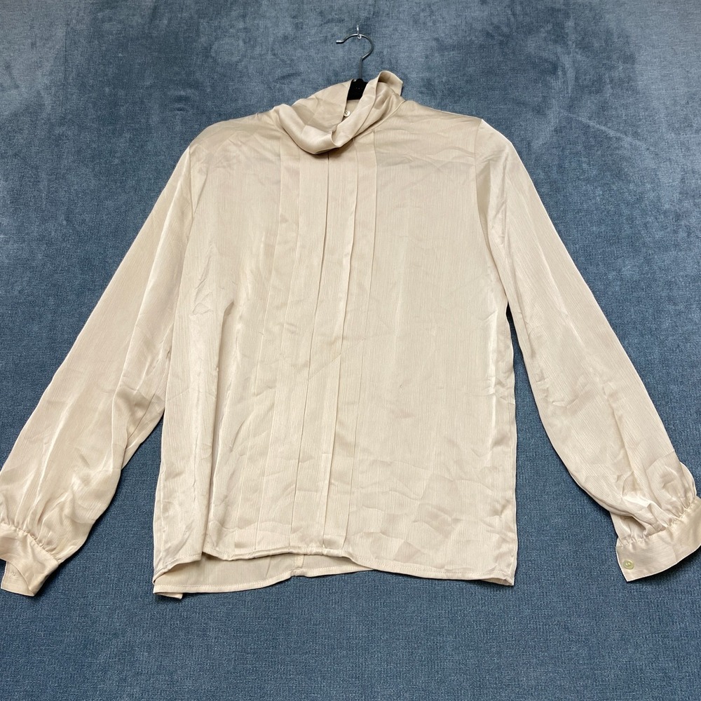 Liz Claiborne Blouse Top Womens 8 Beige Pleated Front Long Sleeve Turtle Neck